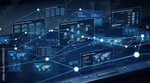 Cyber security network monitoring dashboard display with blockchain ledger visualization, supply chain logistics tracking, and machine learning analysis screens
