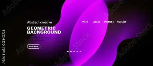 Vibrant abstract design. Purple, blue gradients dominate dark background. Web...
