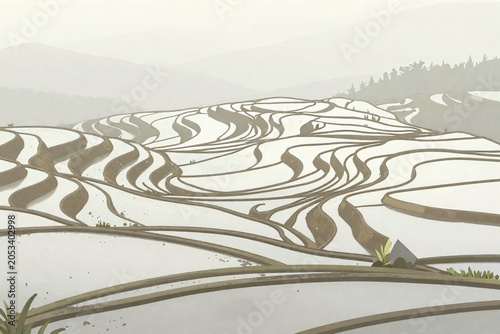 Simple rice terrace landscape background with curved field levels and soft morning light