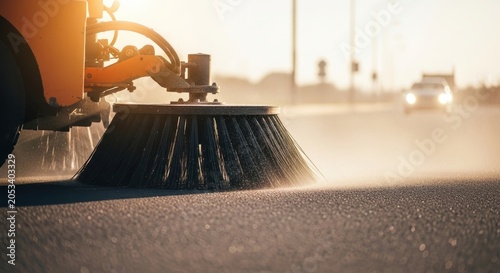 Industrial street sweeper machine brush cleaning asphalt road surface at sunset