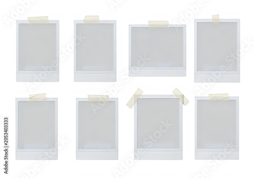 Set of blank polaroid photo frames with beige tape on white background transparent background