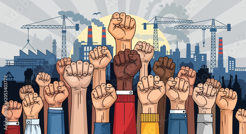 Tableau sur toile People raise fists in protest for workers' rights with industrial background