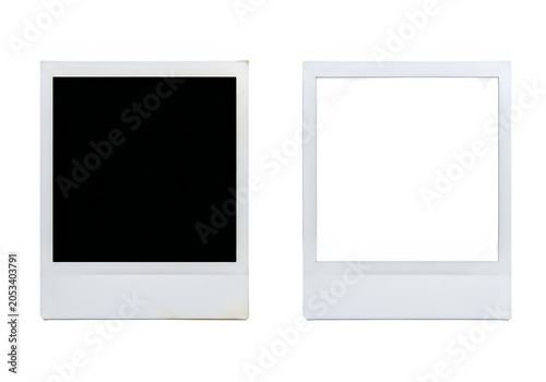 Two white Polaroid photo frames with blank black and white backgrounds transparent background