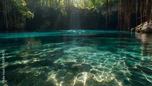 Crystal Clear Turquoise Cenote in Tropical Jungle with Sunlight Reflections and Pristine Water