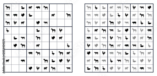Foto Farm animal themed Sudoku puzzle with solution page