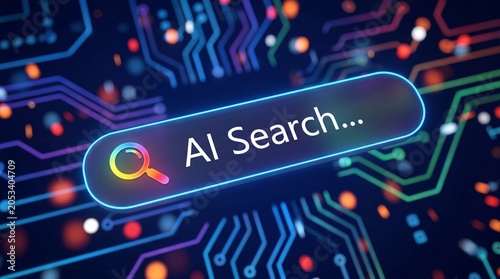 Artificial intelligence search bar interface floating over a glowing digital circuit board background