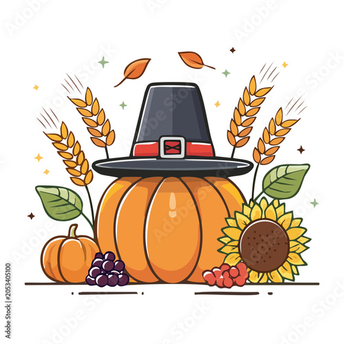 Pumpkin with hat and autumn elements illustration