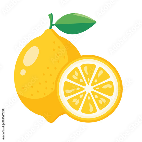 Whole lemon and slice with leaf isolated