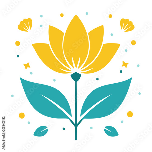 Yellow lotus flower with green leaves and decorative elements
