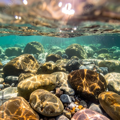 A serene underwater scene with sunlight filtering through clear water onto colorful rocks