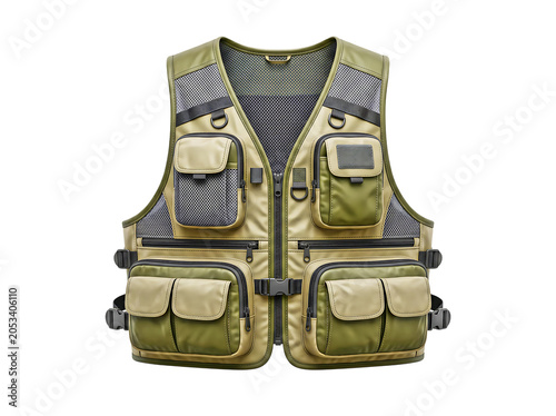 Professional khaki fishing vest with utility pockets providing essential equipment asset for angling marketing and outdoor sports promotion