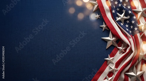US flag with silver stars on dark blue texture background with bokeh lights copy space