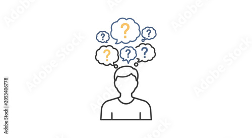 Person with many question marks in thought bubbles above head