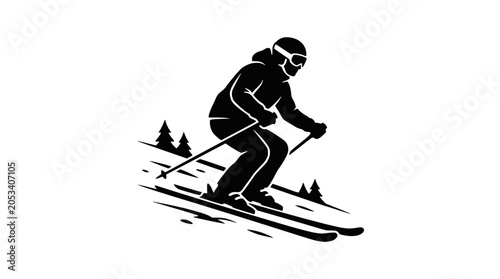 Fotografie Alpine skier descending a slope in high-speed motion.