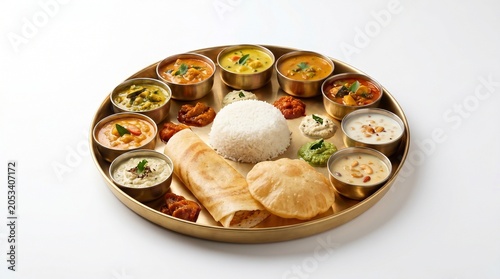 Traditional South Indian Thali Meal on Brass Plate with Dosa, Rice and Curries