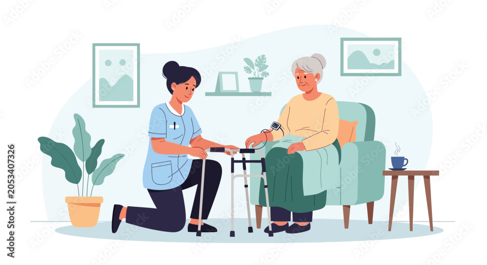 Fototapeta premium Nurse assisting elderly woman with walker in cozy room, healthcare illustration