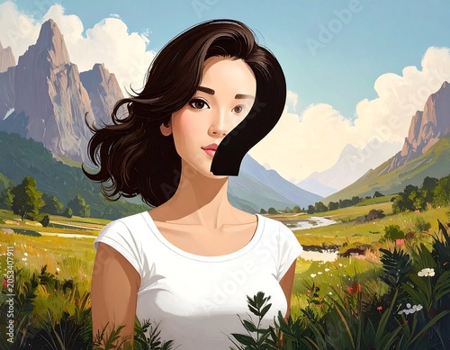 Portrait of a woman with a question mark on her face, in a scenic landscape