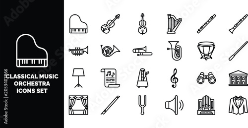 Foto Classical music orchestra set featuring musical instruments, conductor tools, an
