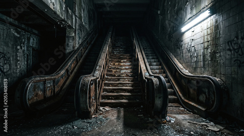 Abandoned Subway Station Escalator Descending into Complete Darkness Illuminated by One Broken Fluorescent Light 
