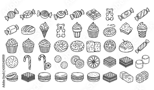 Cute Sweet Treats Doodle Icons Black and White Hand Drawn Candy Vector Set