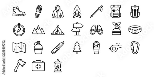 Foto Icon set collection of essential camping, hiking, and outdoor survival gear featuring clean line art for adventure guides