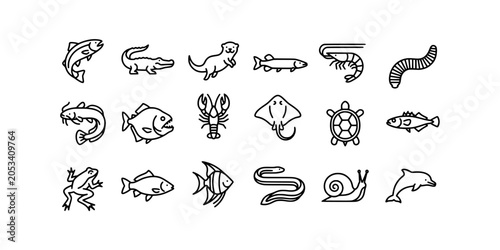 Photography Icon set collection of various aquatic animals, marine life, and freshwater creatures designed with clean minimalist line art