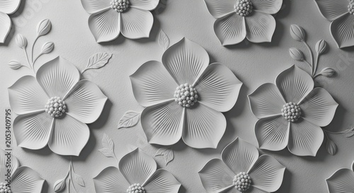 Elegant 3D White Floral Bas-Relief Pattern Wallpaper Background for Interior Design and Decorative Art