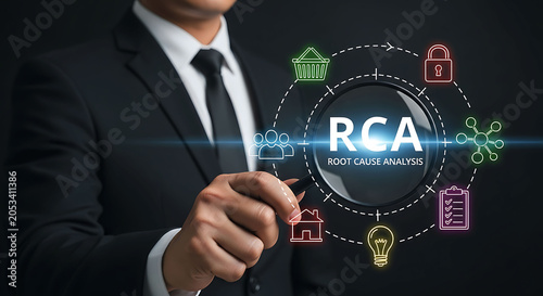 Businessman holding magnifying glass focusing on RCA root cause analysis concept