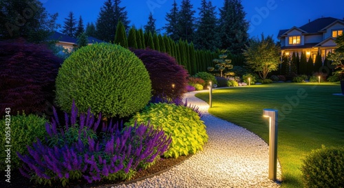 Beautifully Landscaped Backyard Garden at Night with Illuminated Gravel Path and Luxury Residential House