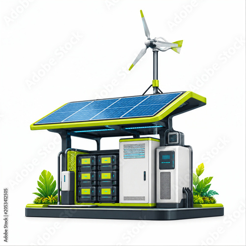 Renewable Energy Microgrid Hub with Solar Panels Battery Storage and Wind Turbine