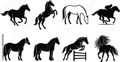 Fotografie Black vector silhouettes of horses in diverse poses including running, rearing,