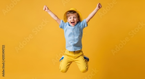 Happy energetic young boy jumping in the air with arms raised against a bright yellow background