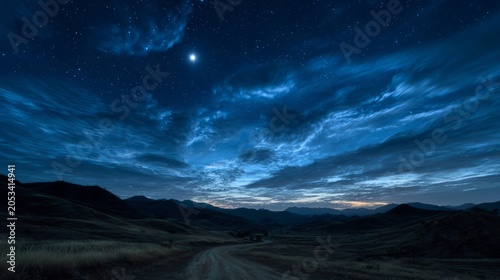 Night time at the desert. Dark blue sky