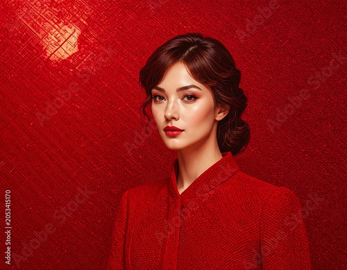 Portrait of a woman with auburn hair styled in an updo, wearing a red jacket, against a textured red background