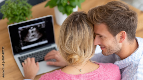 Expectant couple viewing ultrasound on laptop during medical consultation for pregnancy planning background and healthcare counseling