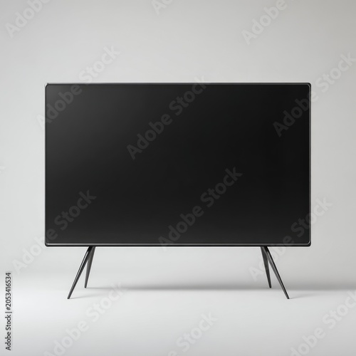 Sleek black screen with minimalist legs on a light grey background