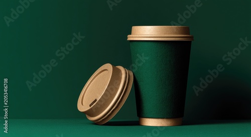 Two disposable coffee cups, one standing, lid off, on a dark green surface