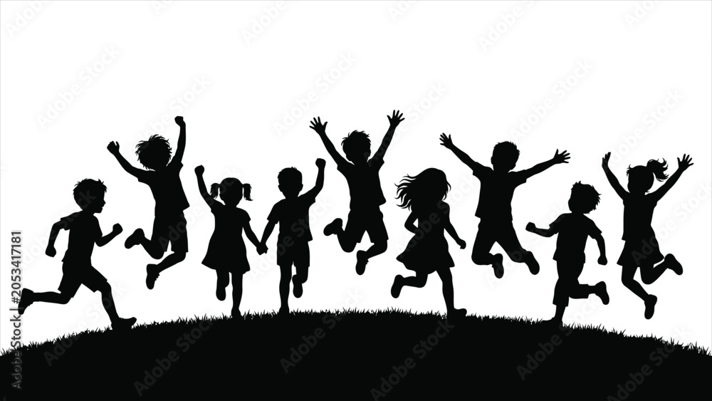 Fototapeta premium The Magic of Childhood Joyful Silhouette of Children Jumping and Running in a Meadow.