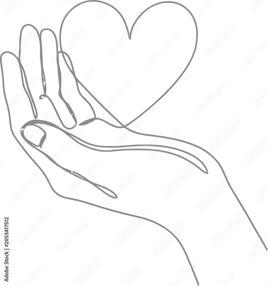 Obraz premium Minimalist continuous line drawing of a hand holding a heart, elegant charity and love concept vector, simple outline art for healthcare and romance