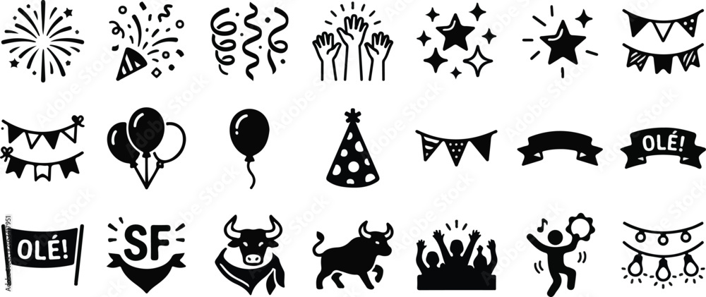 Fototapeta premium Spanish San Fermin Festival and Party Celebration Icon Set, Black Glyph Vector Elements