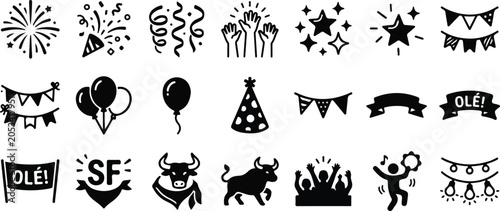 Spanish San Fermin Festival and Party Celebration Icon Set, Black Glyph Vector Elements