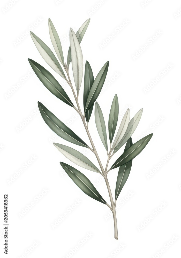 Fototapeta premium Elegant Olive Branch Illustration with Green Leaves Isolated on White Background for Botanical Design