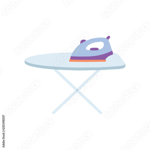 Cute electric steam iron on an ironing board flat vector illustration of garment care and housekeeping