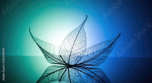 Skeleton leaf structure reflecting on dark surface with blue light