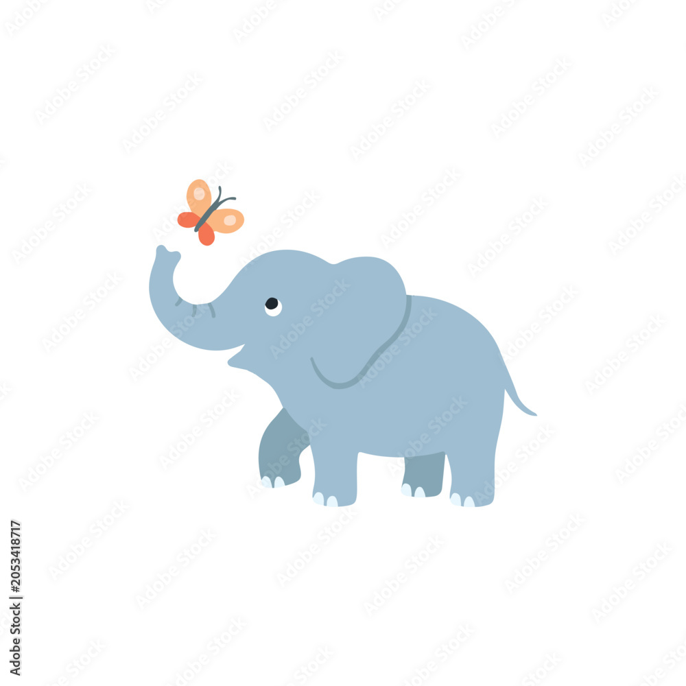 Fototapeta premium Cute baby elephant looking up at an orange butterfly on its trunk flat vector illustration of animal friendship
