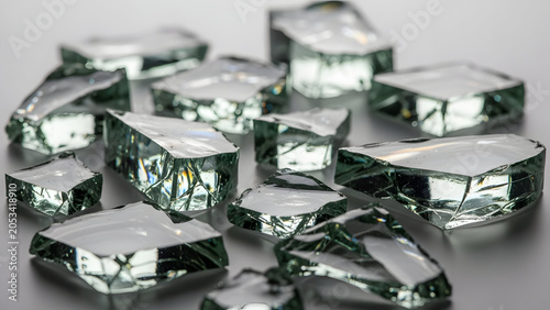 A collection of raw cut diamonds on a gray surface Vector