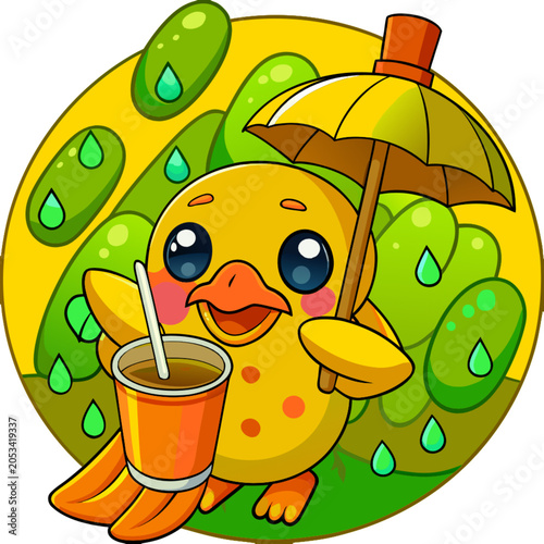 duck holding bubble tea in rainy weather, generate ai