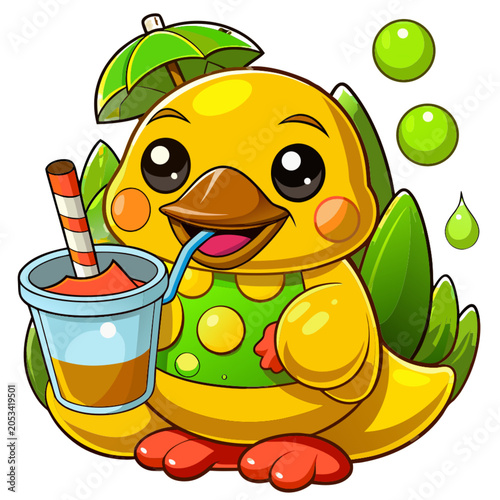 duck holding bubble tea in rainy weather, generate ai