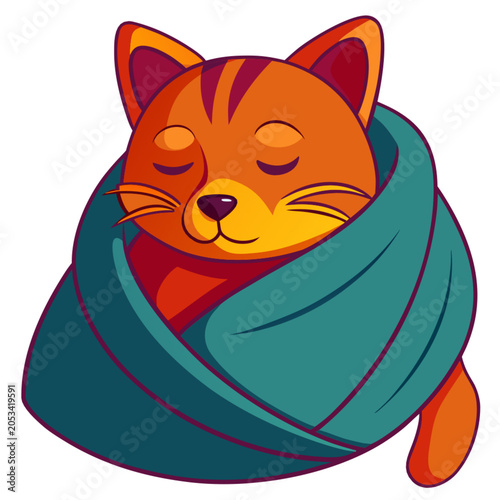 sleepy orange cat wrapped in blanket burrito, generate ai