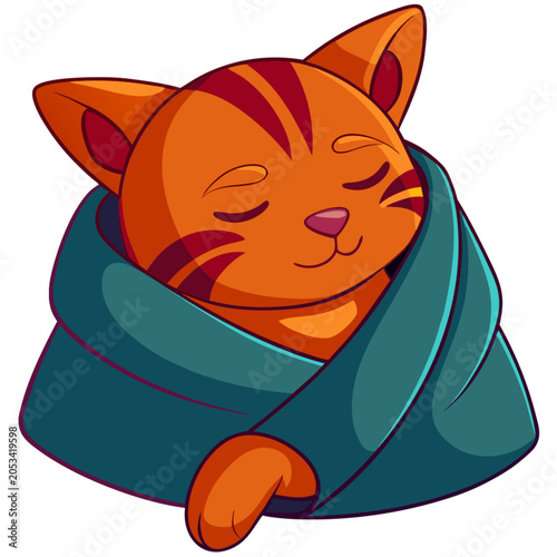 sleepy orange cat wrapped in blanket burrito, generate ai